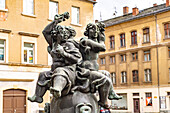  The Market Women&#39;s Fountain in the old town of Zittau, Upper Lusatia, Saxony, Germany 