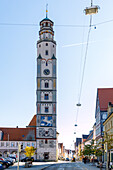  Herzog-Georg-Straße and market square with Schimmelturm in Lauingen (Donau), Bavarian Swabia, Swabia, Bavaria, Germany 