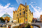  Town Hall with fish-box fountain on the market square, pyramid of the city library, and view of the Museum Society building on Neue Straße in the morning light, Ulm, Swabian Alb, Baden-Württemberg, Germany 