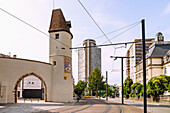  Tour de Bollwerk and Tour de l&#39;Europe with tram tracks and tram, Mulhouse, Alsace, France 