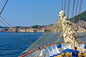 Detailansichten des Großsegler Royal Clipper auf der Fahrt von Venedig nach Kroatien und Montenegro im August 2025, hier vor Dubrovnik
