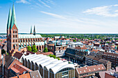  View from St. Peter&#39;s Church to St. Mary&#39;s Church, Town Hall and Market Square in the Hanseatic City of Lübeck, Schleswig-Holstein, Germany 