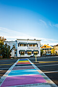  Cityscape of Ogunquit with a crosswalk in Pride colors, Maine, East Coast, USA 