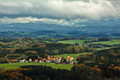  View from the observation terrace of Waldburg Castle overlooking the village of Edensbach, Ravensburg district, Allgäu, Baden-Württemberg, Germany 