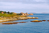 Cote de Granit Rose mit Felsen und Zöllnerpfad (Sentier des Douaniers) zwischen Perros-Guirec und Ploumanac'h, Cotes d'Armor, Bretagne, Frankreich