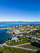  Aerial view of colorful wooden houses and church, as well as a statue of Hans Egede on a hill, Nuuk, Sermersooq, Greenland, Europe 