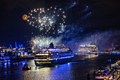  Fireworks over the cruise ships Vasco da Gama (nicko cruises) and MSC Preziosa (MSC Cruises) on the Elbe River during the Hamburg Cruise Days 2025 with Blue Port light installation, Hamburg, Germany, Europe 