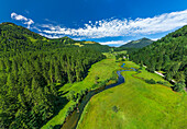  Meandering of the Valepp stream with Spitzingsee in the background, Mangfall Mountains, Bavarian Alps, Upper Bavaria, Bavaria, Germany 