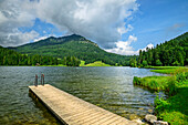  Wooden footbridge in Lake Spitzingsee, Brecherspitz mountain in the background, Spitzing, Mangfall Mountains, Bavarian Alps, Upper Bavaria, Bavaria, Germany 