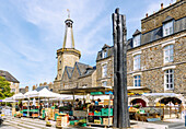 Weekly market at the market square on Rue du Beffroi and Beffroi bell tower, Ille-et-Vilaine, Brittany, France