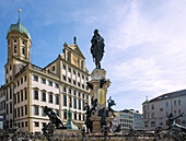  Town Hall and Augustus Fountain at the Town Hall Square, Augsburg, Swabia, Bavaria, Germany 