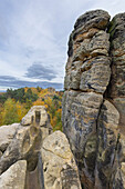  Sandstone formations at the Fuenffingerfelsen with a view of the Klusfelsen, Saxony-Anhalt, Germany 