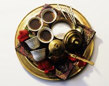 Three Cups of Mocha Coffee on a Brass Tray