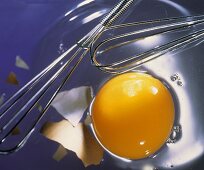 Raw Egg Yolk with Pieces of Egg Shell; Whisk