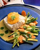 Cod with orange segments & courgettes and carrots