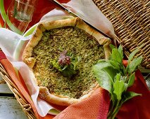 Herb soft cheese quiche with sorrel in picnic basket