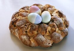 Easter bread wreath, three Easter eggs in the middle