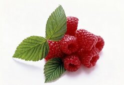 Raspberries with three leaves on white background
