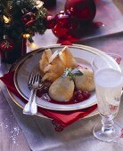 Honey mousse and puff pastry fir trees with berry sauce