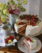 Cherry cream gateau with chocolate curls