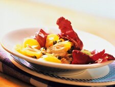 Potato salad with radicchio and tuna mousse