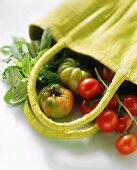 Yellow shopping bag with fruit and vegetables