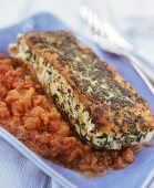 Cod fillet with herb crust on vegetable ragout