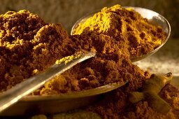 Turmeric powder in a bowl and on spoon