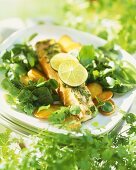 Salmon trout with fried potatoes and watercress
