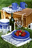 Picnic scene with strawberries, picnic things & basket on grass