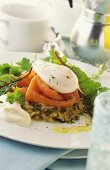 Rosti with smoked trout and poached egg