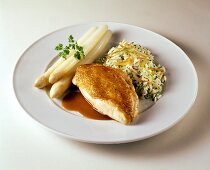 Roast chicken breast with white asparagus and vegetable rice