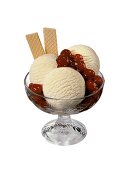 Ice cream sundae with vanilla ice cream cherry compote & wafers