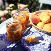 Apricot jam in preserving jars