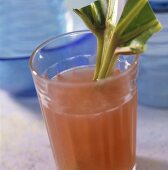 Rhubarb cooler with stick of rhubarb in the glass