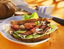 Radish sandwich with roast beef and spring onions