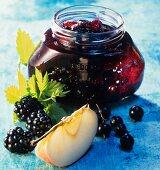 Three fruit jam with redcurrants, blackberries, apples