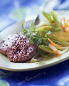 Poached beef fillet with polenta, leeks & parsley