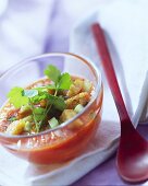 Gazpacho with croutons in a glass bowl