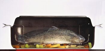Trout with vegetables stewing in a roasting pan