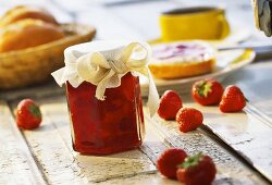Strawberry and rhubarb preserve in jam jar