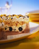 Ice cream torte with black cherries, cream and mango