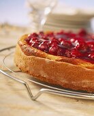 Cheesecake with red wine cherries on cake rack