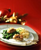 Pork medallions on spinach with ribbon noodles