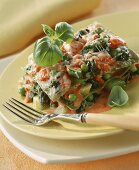 Lasagne with spring vegetables on plate with fork