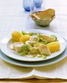 Fish ragout in mustard cream with cucumber & boiled potatoes