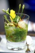 Gazpacho with fish and herbs in glass