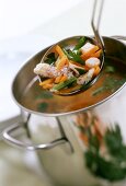 Fish soup with vegetables in pot and ladle