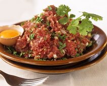 Veal tartare with egg, onions and herbs