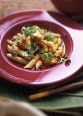 Spelt noodles with vegetable sauce and coriander leaves